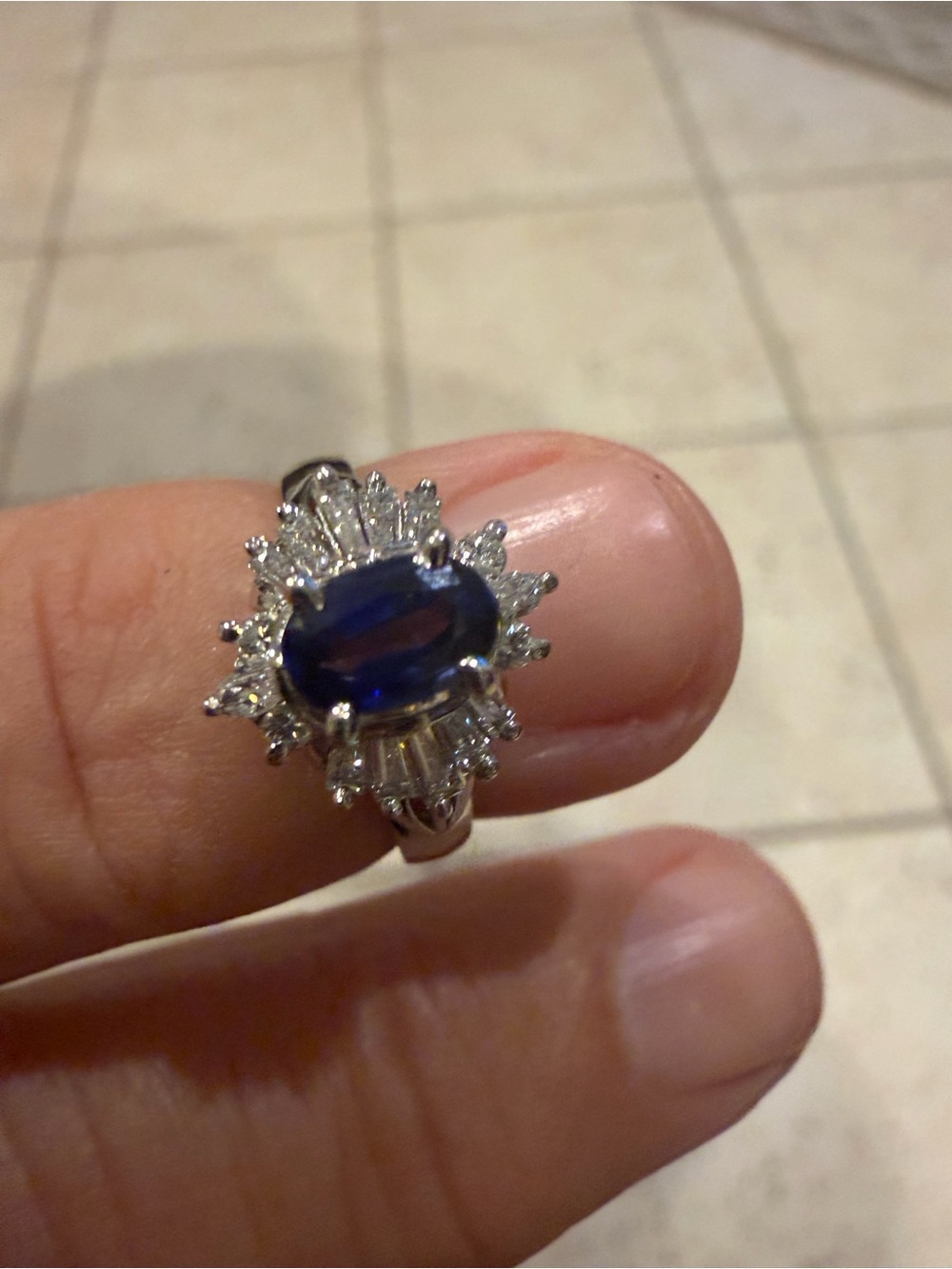 Platinum Blue Sapphire and Diamond Halo Cocktail Ring Size 4.5